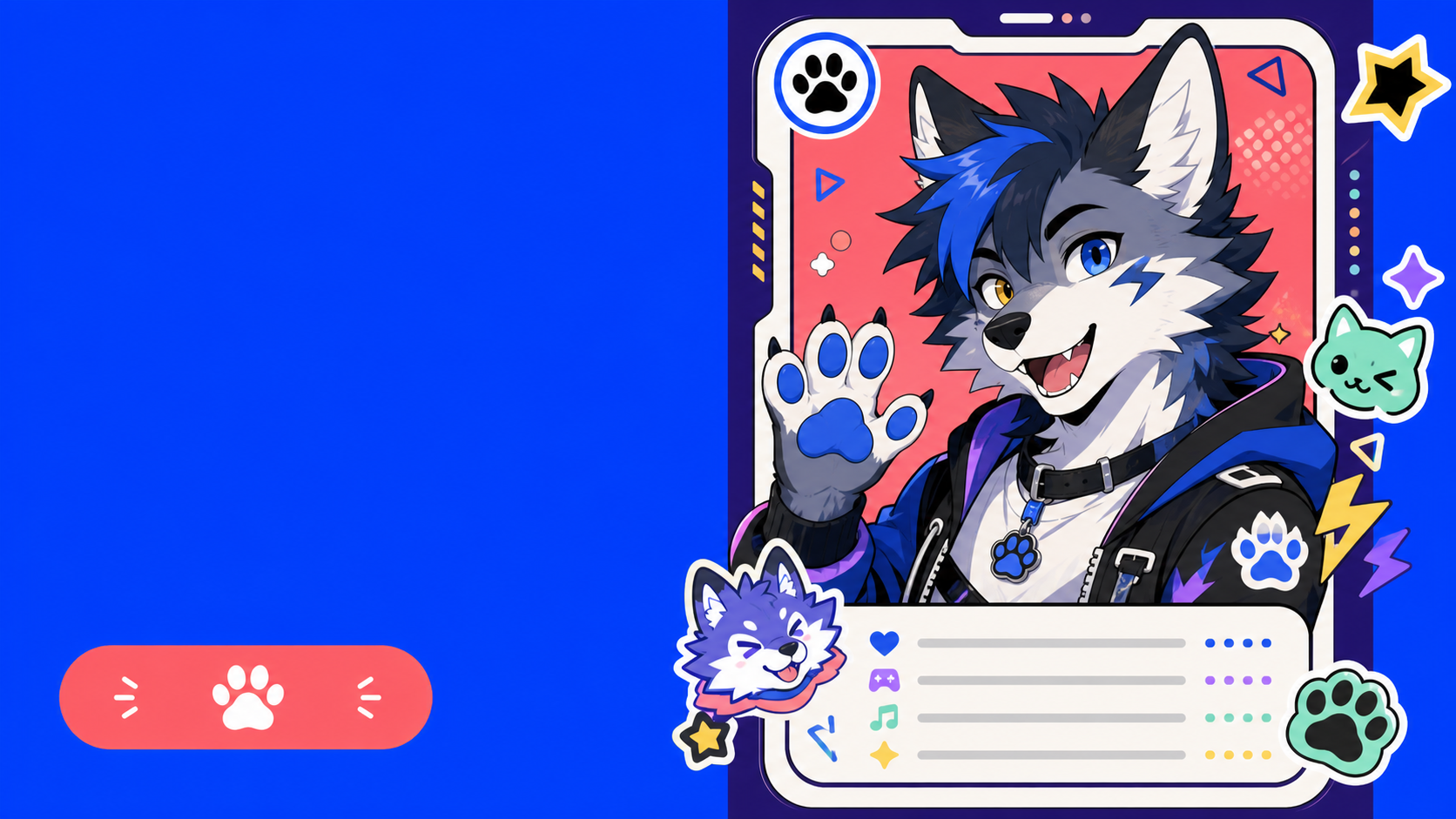原創狼獸人角色的 Pawsport 個人展示卡，以鮮明的 2D 動漫風格呈現。